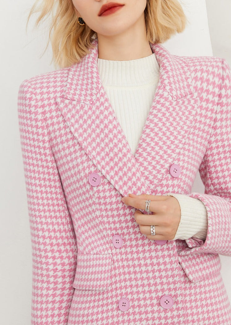 DPLAY pink hounds tooth saddle waist lapel suit woolen coat - Yoi