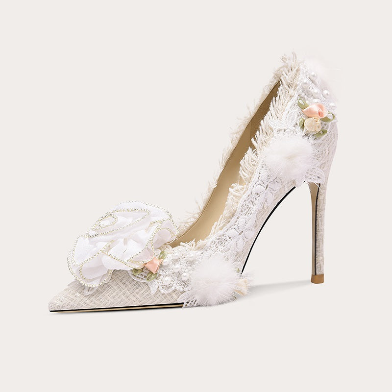 High heels white lace wedding shoes- Trag