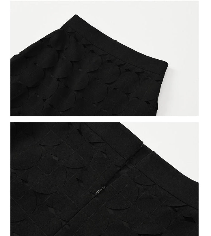 Grape hollow black skirt features a slim high waist and elegant tassels- Karol