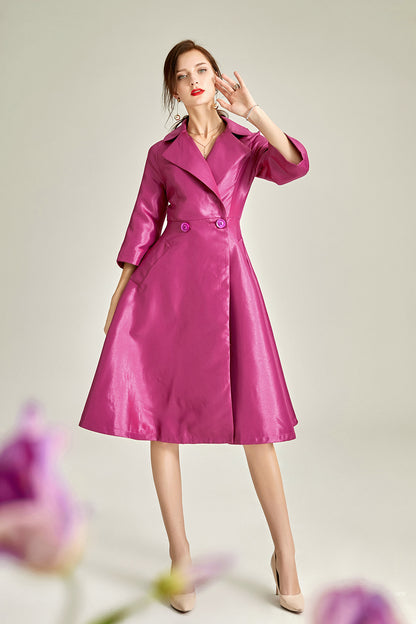 Autumn winter satin swing Hepburn trench coat dress- Oi