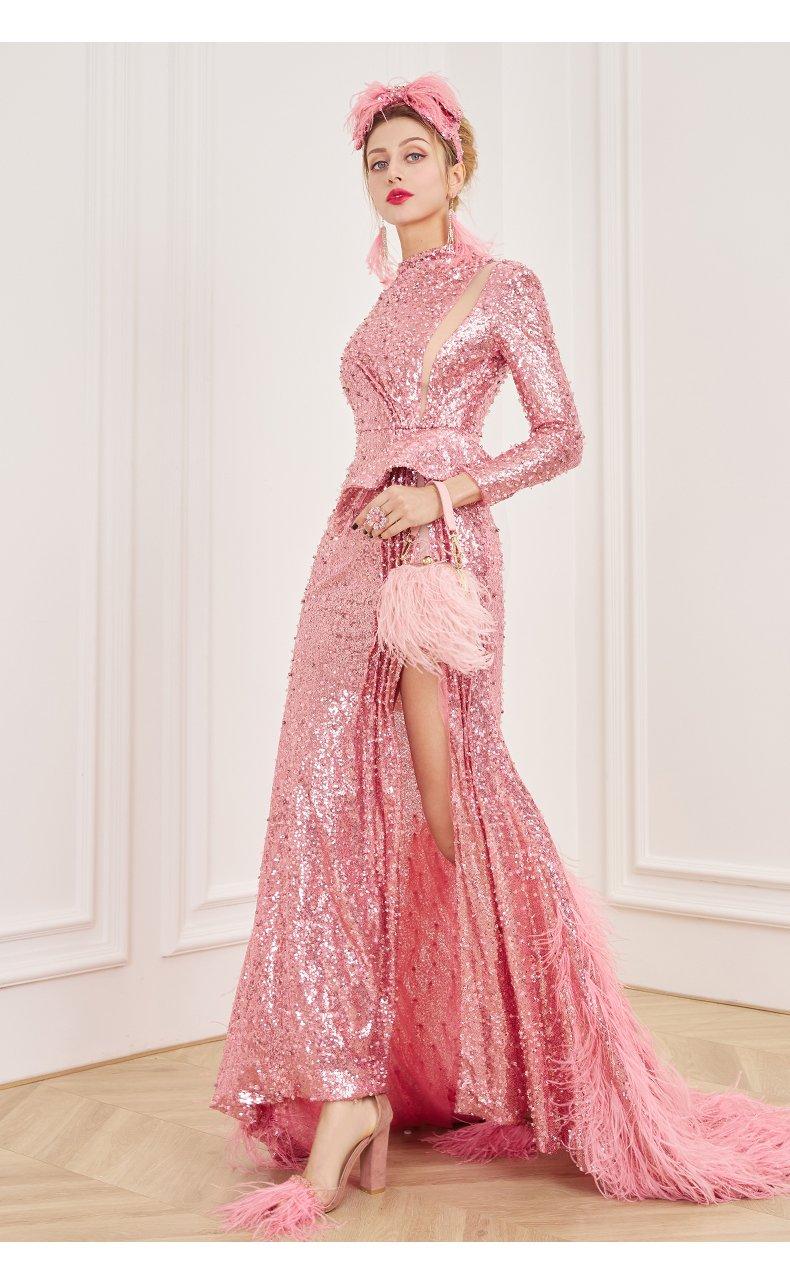 Retro elegant sequins evening dress highneck split tassle tail skirt dress- Tiffany