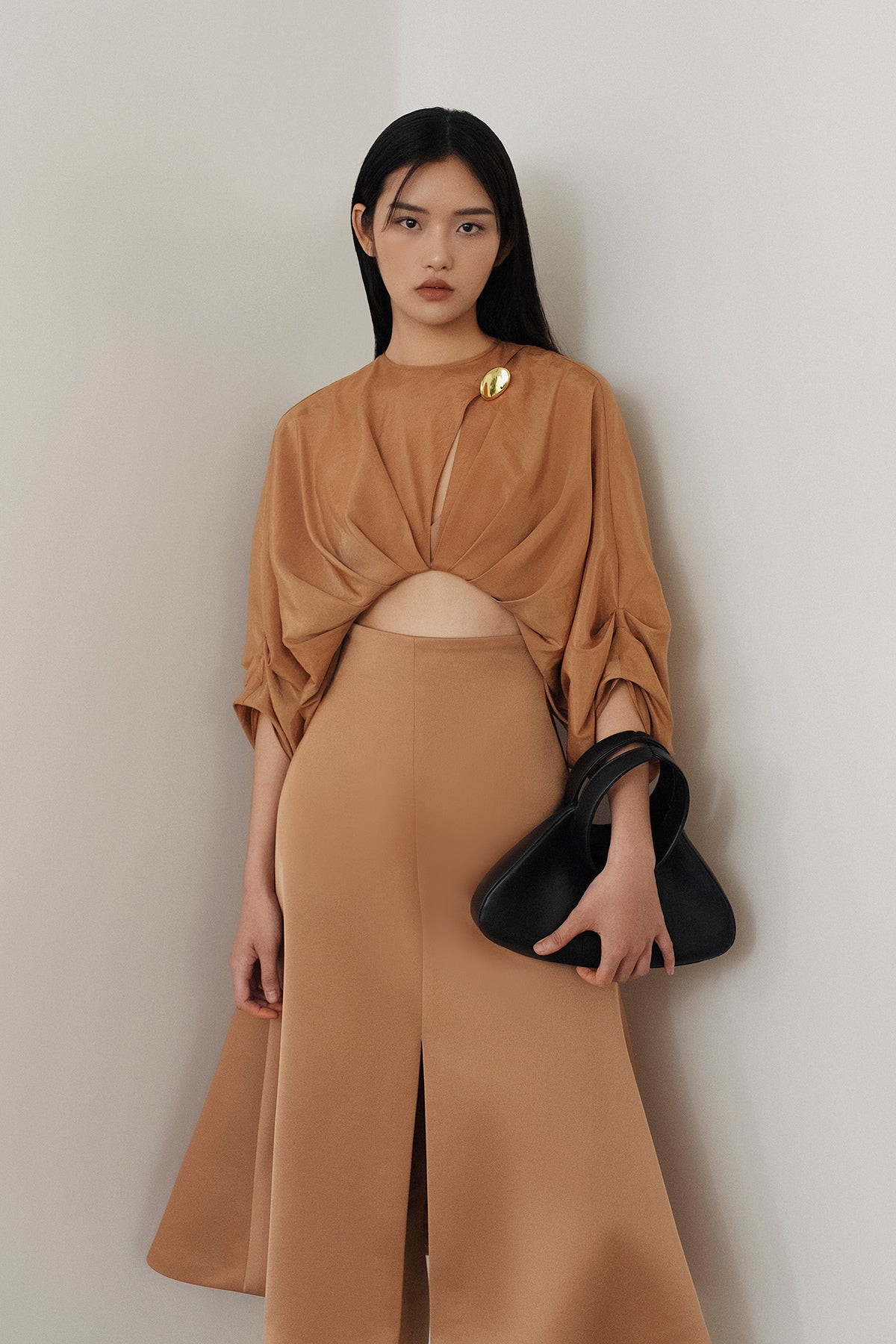 Designer Round neck pleated drape hollow short classy top blouse Skirt suit set - Harmony