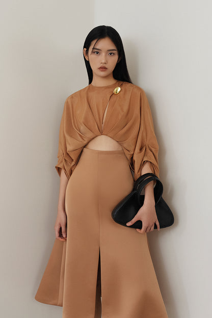 Designer Round neck pleated drape hollow short classy top blouse Skirt suit set - Harmony