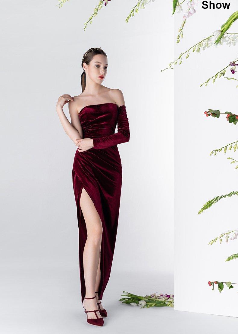GOUDIN Vintage Wine-Red Velvet cocktail prom evening dress