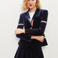 Elegant fall autumn Retro British Stripe Paneled Navy Blue Velvet skirt + blazer  Suit set - Mima