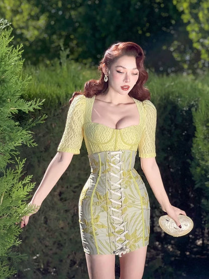 Le Palais Vintage Elegant Lemon Yellow Bodice Puff Sleeve Dinner Top-Maya.