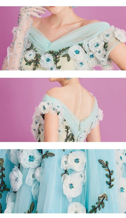 Hand-made blue beaded flower one-shoulder slim long embroidery dress - Aliana