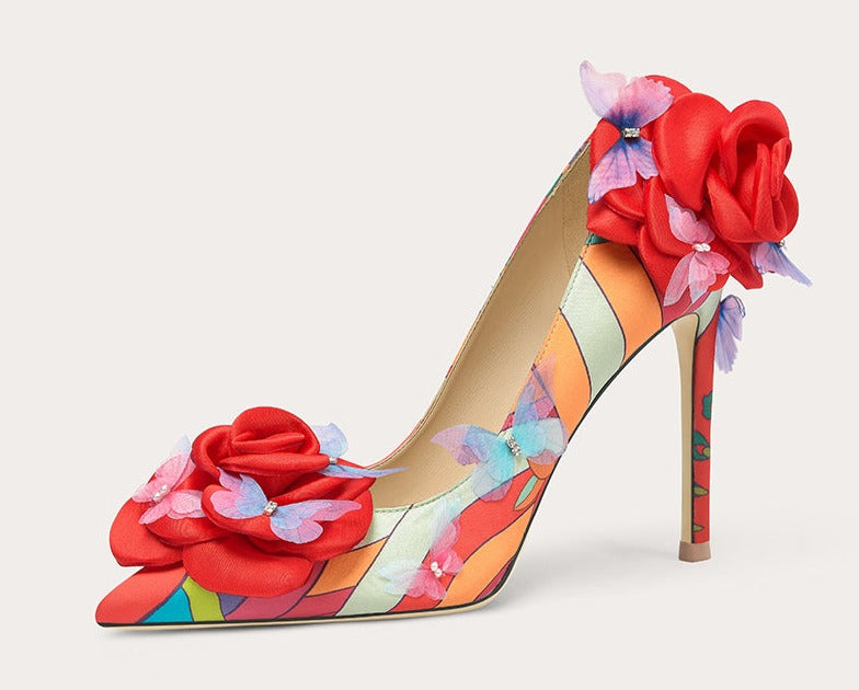 LilyEarly 2023 Spring Designer High Heels Butterfly Flower Wedding Shoes- Jess 43 / Red [10cm]