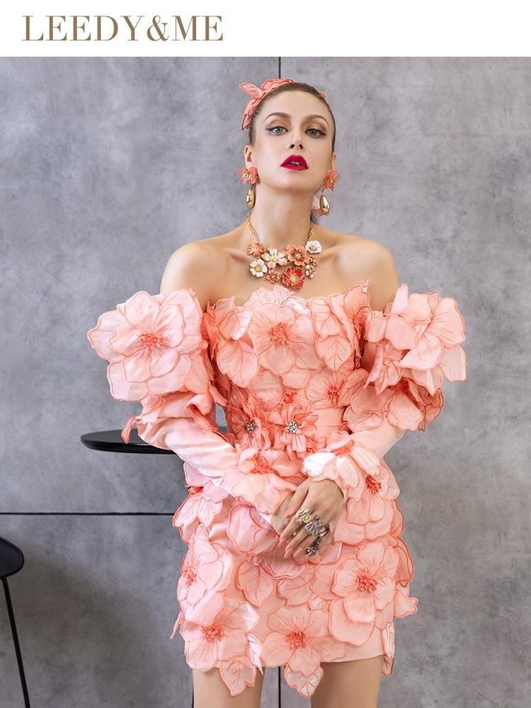 Pink breast-wrapped light mature Pink flower cocktail dress Pink breast-wrapped light mature Pink flower cocktail dress