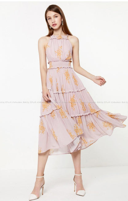 Pink strapless fairy print dress Off-the-shoulder print skirt super fairy goddess- Allen