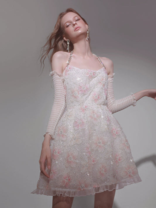 Wardrobes by Chen Elegant Pink Halter Long Sleeve Flower Dinner bridal Dress-Gika