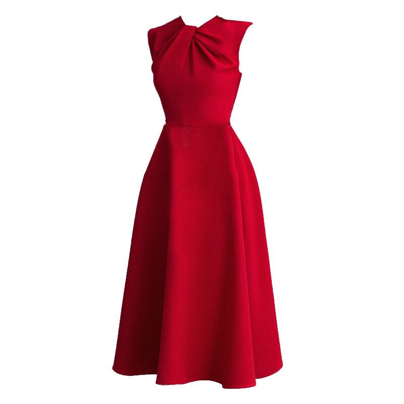 Retro vintage cocktail gold Red wedding guest bridesmaid twist neckline midi dress - Gadi S / Red Retro vintage cocktail gold Red wedding guest bridesmaid twist neckline midi dress - Gadi S / Red