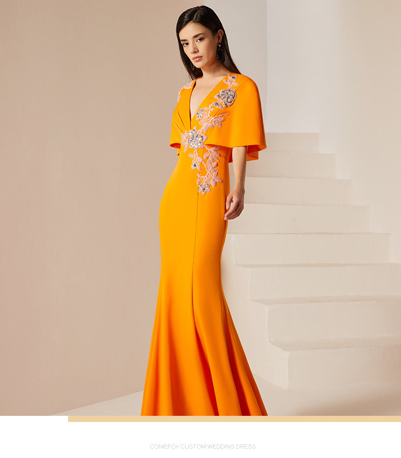 Evening yellow mustard new high-end banquet host dress long fishtail dress long skirt- Juila