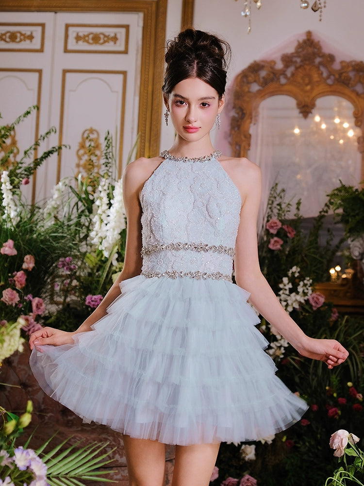 Wardrobes by Chen Luxury Couture Sleeveless halter layered party Dress- Nuni