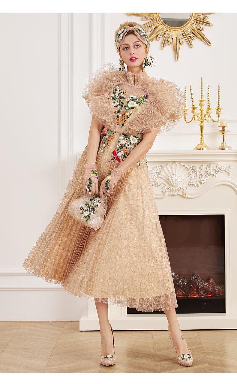 pleated Collar Heavy Luxury Embroidered Goddess Banquet Party Elegant beige dress- Mola S / Champagne pleated Collar Heavy Luxury Embroidered Goddess Banquet Party Elegant beige dress- Mola S / Champagne