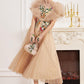 pleated Collar Heavy Luxury Embroidered Goddess Banquet Party Elegant beige dress- Mola