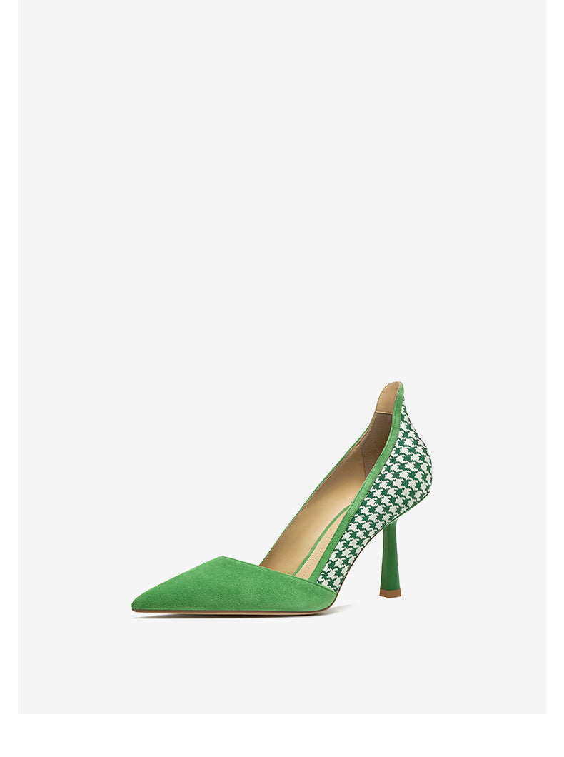 Green Stiletto high heels for women feature a classic houndstooth pattern- Polina