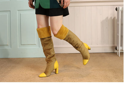 B-FEI original design color matching grid plush thick fur boots ginger yellow- Gilia