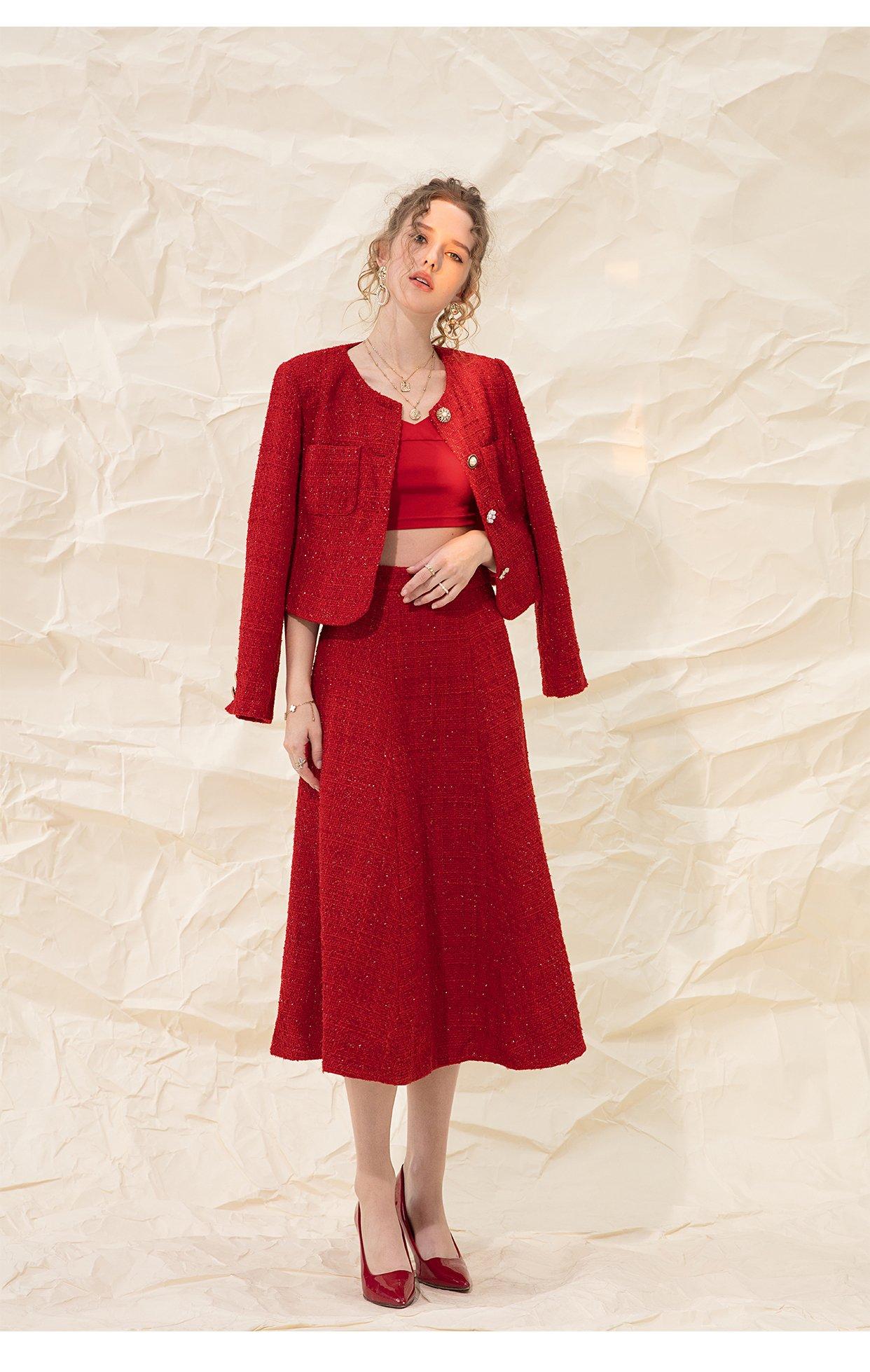 Red Retro High-end Tweed Two-Piece Skirt Suit- Tipa M / Skirt & Jacket