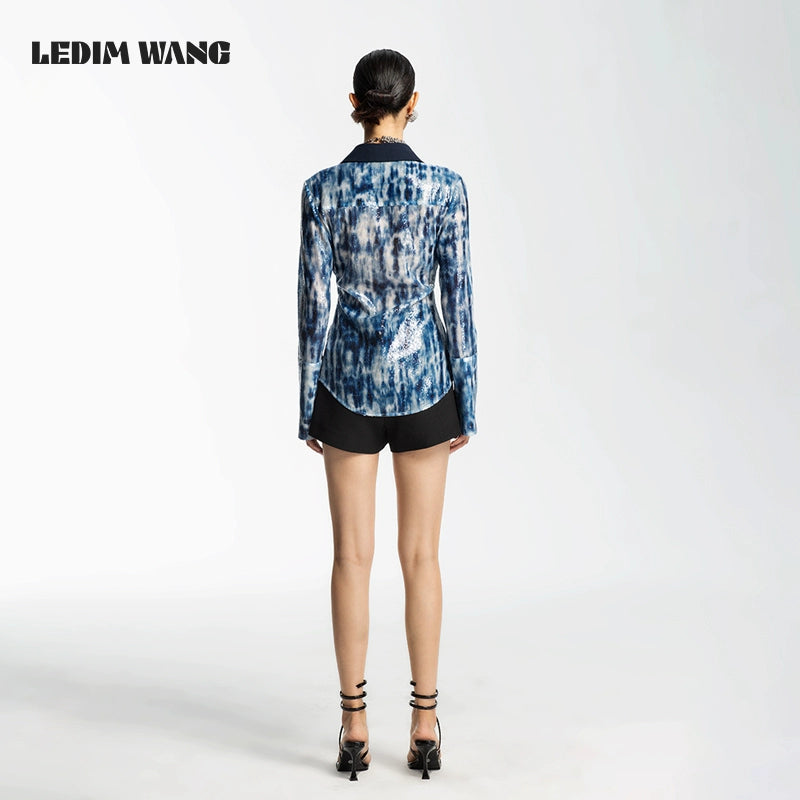 LEDIM W blue tie die sequin long sleeve botton down slim shirt top - Abba