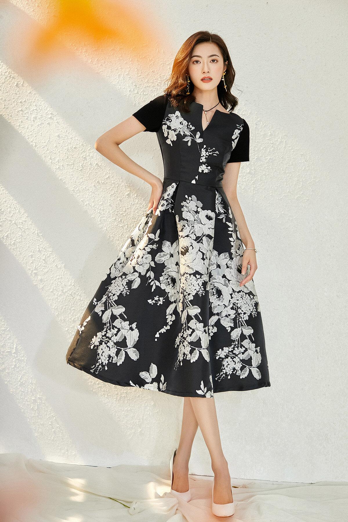 Spring retro 1950 lbd black jacquard short  sleeve wedding guest Audrey Hepburn dress - Bailey