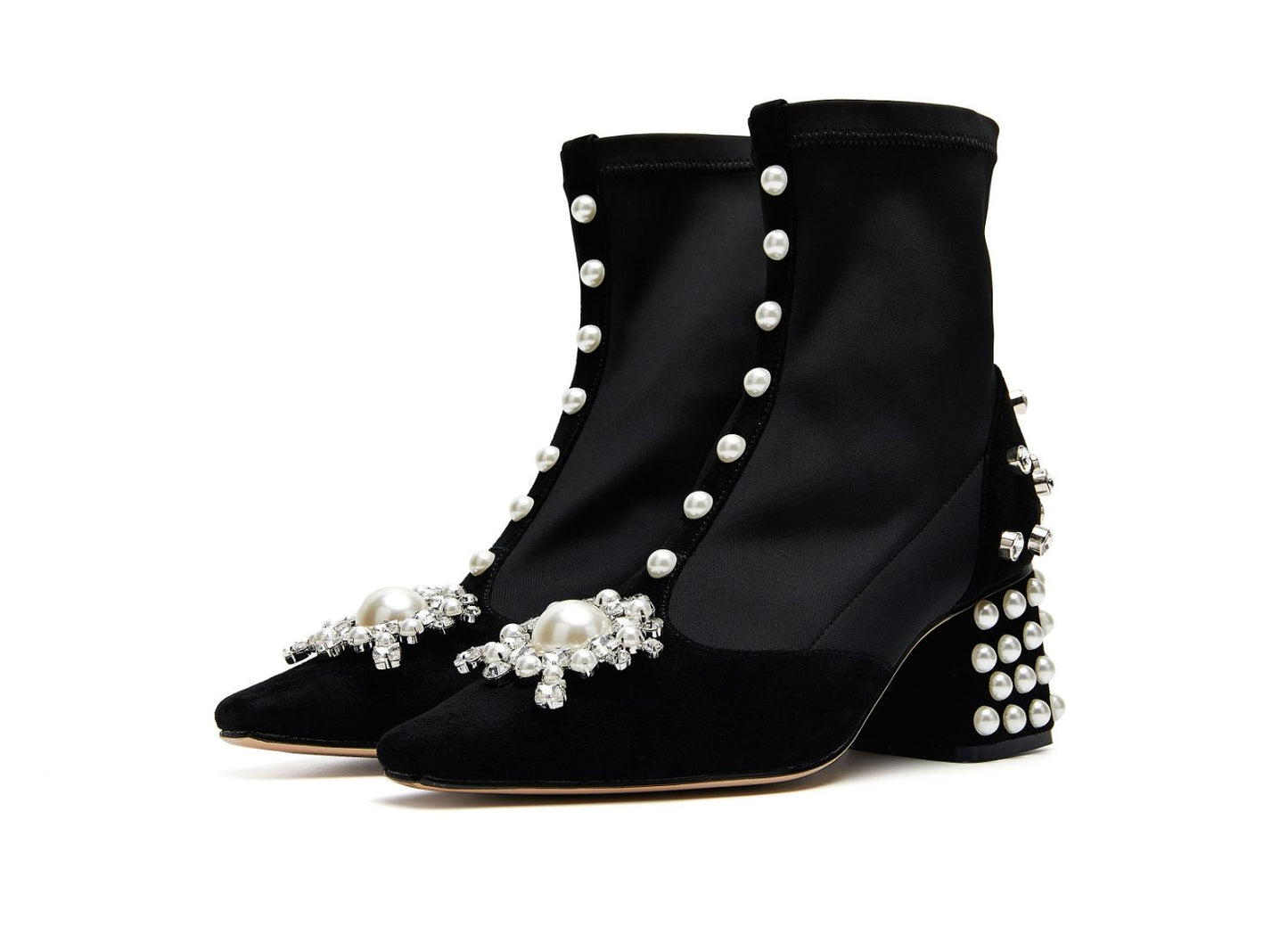 B-FEI tone diamond buckle pearl rhinestone short medium square heel boots- Sari