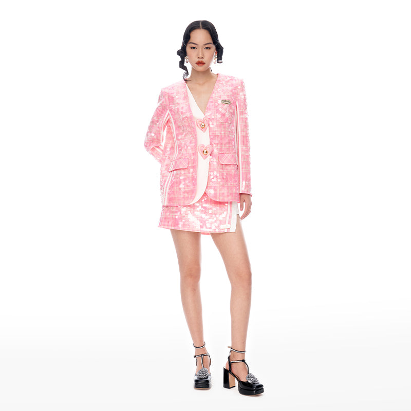 Barbie Pink Plaid sequin embroidered Love Heart Loose Fake Two Coats blazer jacket - Kendall