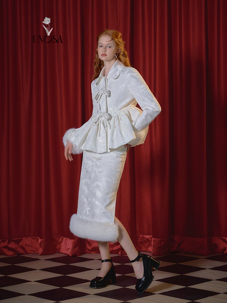 Retro White Bronzing Pattern Bow Knot Fur Quilted skirt suit set-Regina