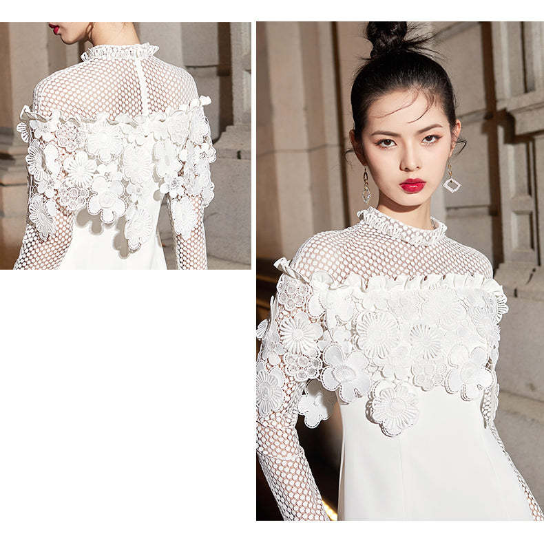 White long-sleeved dress is crafted with three-dimensional embroidery - Perfecta