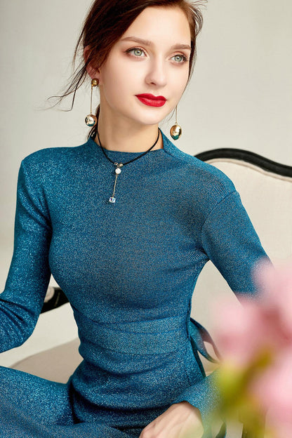 Spring and autumn starry silk soft knitted fish slant blue green dress - Neo