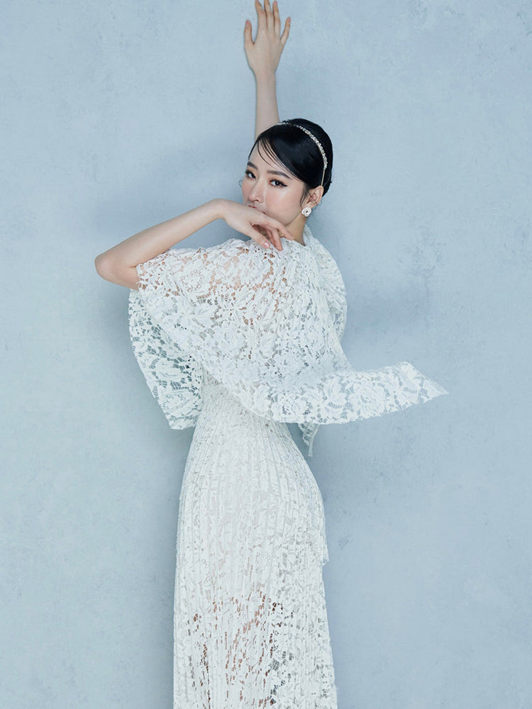 Retro Vintage Lace Cape Shawl Collar Pleated Midi Lace Dress - Tiuna L / White Retro Vintage Lace Cape Shawl Collar Pleated Midi Lace Dress - Tiuna L / White