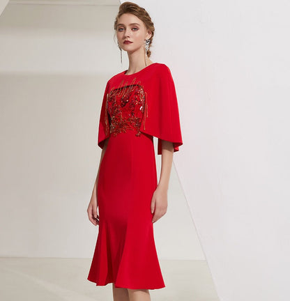 Red slim dress female long high-end banquet host dress skirt dress - Chima