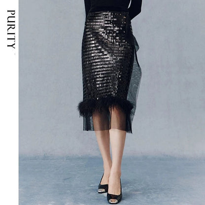 PURITY Cocktail and versatile feather black sparkle sequin skirt- Heckah