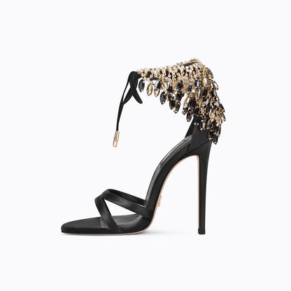 Black crystal drop open-toe lace-up dress high-heel sandals shoes - Imia
