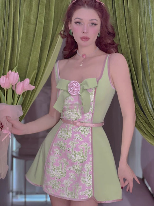 Le Palais Vintage Sleeveless Pink Green Floral Girl Slim Fit Strap Cocktail dress-Alexis ( V ).