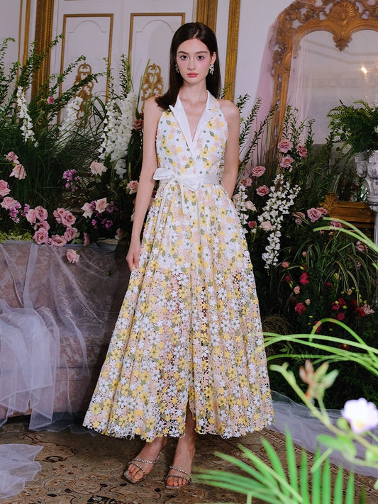 Wardrobes by Chen Luxury Yellow V-Neck Sleeveless Flower Print lace Dress-Ninae