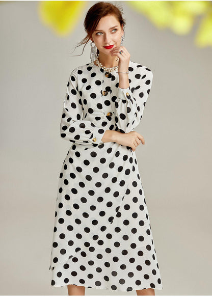 Designer long sleeves vintage inspired retro French black and white polka dot midi dress - Marie