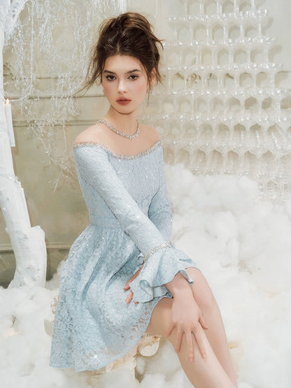 Wardrobes By Chen Elegant Blue jeweled neck Neck lace Dress - Nina