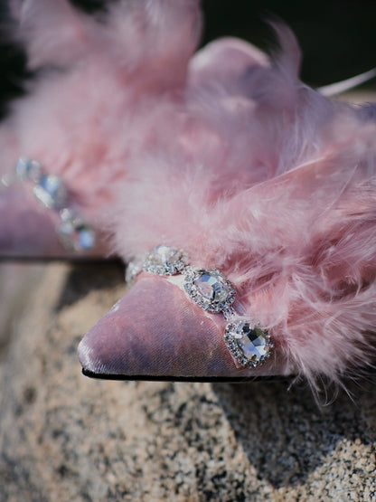 B-FEI regency  bridgerton inspired vintage pink romantic feather rhinestone French slipper mule - pirdr