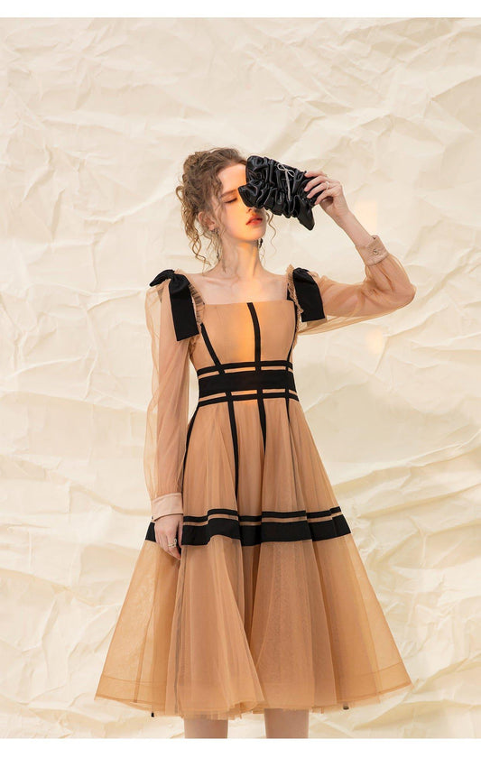 Luxury design suspender mesh detachable long-sleeved dress - Tigor