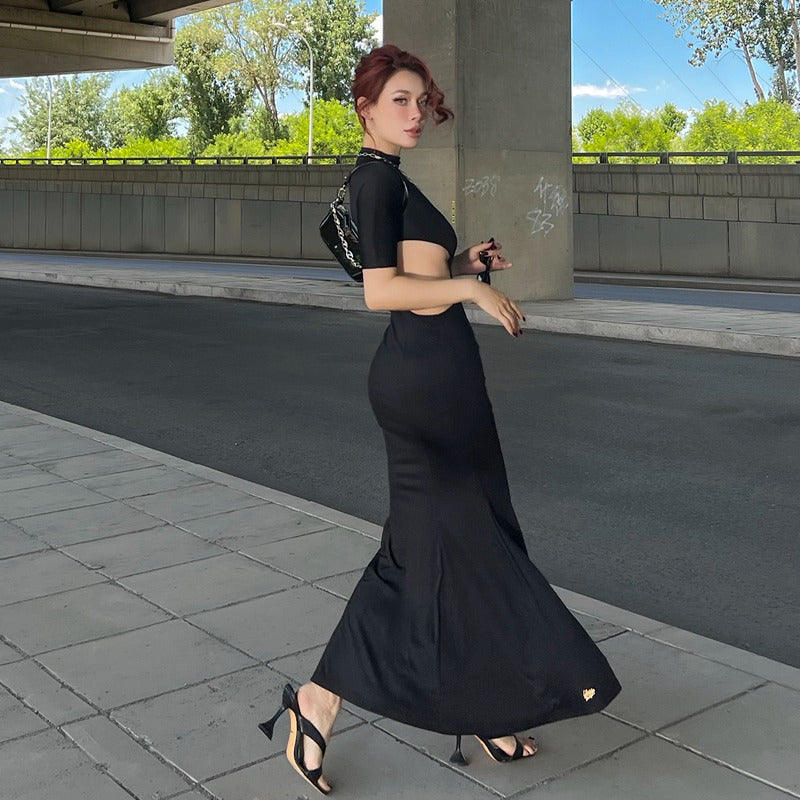 le palais vintage black elasticbodycon fishtail hollow waist cut out sexy black dress - Suxi