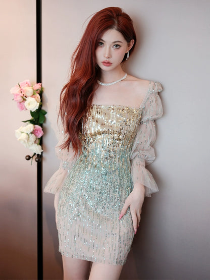 Wardrobes by Chen High End Golden Green multi color sequince mini dress-Serah