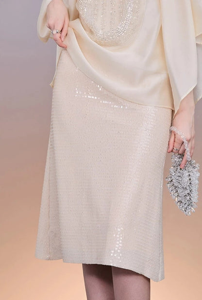 PURITY Elegant beaded top sleek sequin straight skirt- Sisal