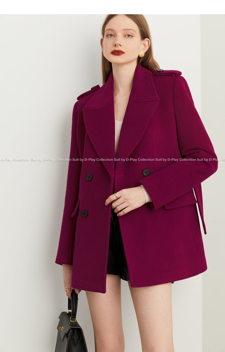 Winter dark night rose purple lapel collar wide belt short suit woolen coat - Reid