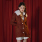 Detachable fur collar wine red brown circle wool waist v-neck coat- Yiyi
