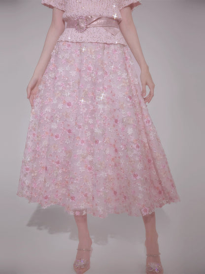 Wardrobes by Chen Elegant Pink Sequin Embroidered Long midi Skirt - Jiaa