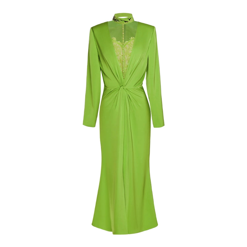 Avocado green embroidered suit beaded halter neck kinked panels lace dress set- Iona