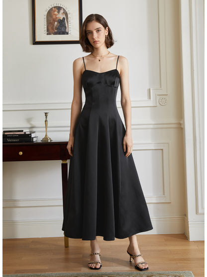 Luxurious satin, a striking sleeveless, silhouette dress- Celina