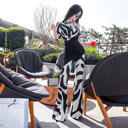 VJE Spring Shirt Collar Jumpsuit Black and White Printed Zebra Pattern Long Sleeve  Jumpsuit - Nala