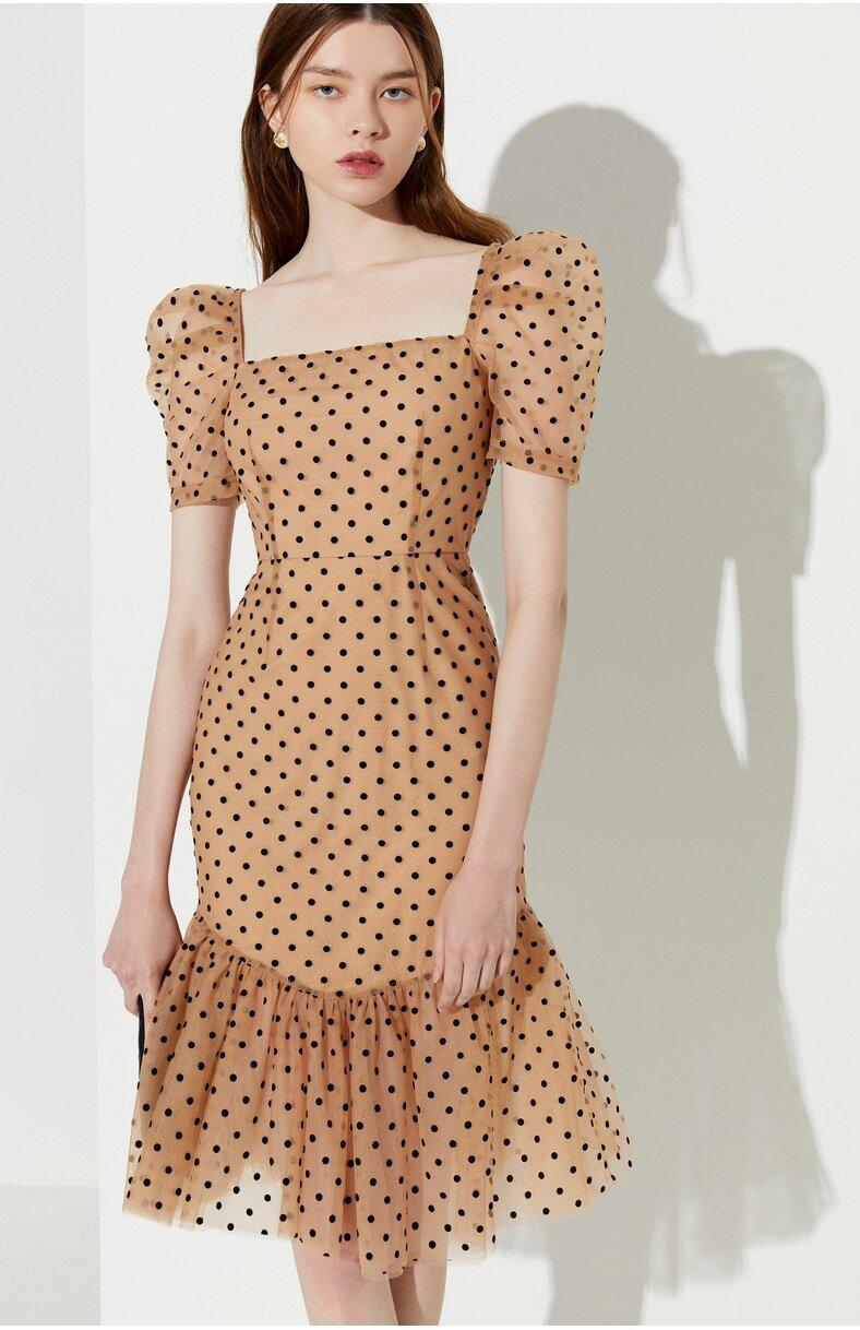 New wave polka dot puff sleeve French square neck fishtail dress - Carly